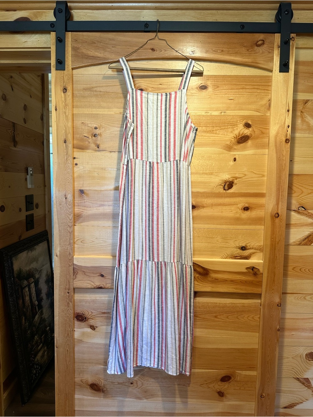 Striped Spaghetti-Strap Maxi Dress in Cream and Coral